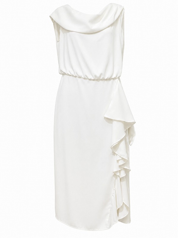 【新品DRESS 1623】サイドフリルスリットドレープミディアムドレス ホワイト【KAREN MILLEN】